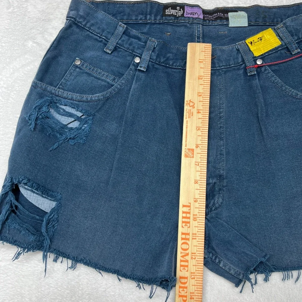 Vintage Levi's Silver Tab Baggy Shorts Men Blue Denim Distressed Zip Fly - 36X32